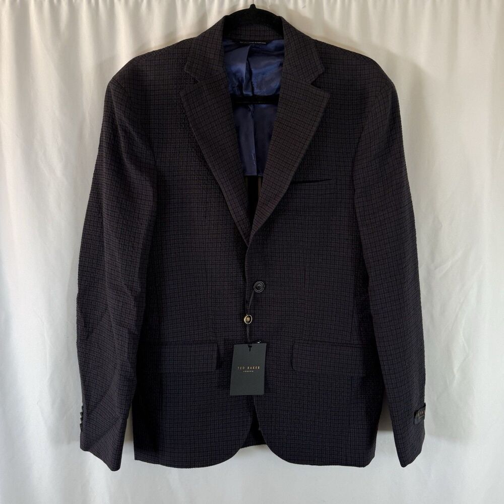 New Ted Baker Wool Blend Blazer Mens 36 Black Brown Plaid 2 Button Inside Pocket